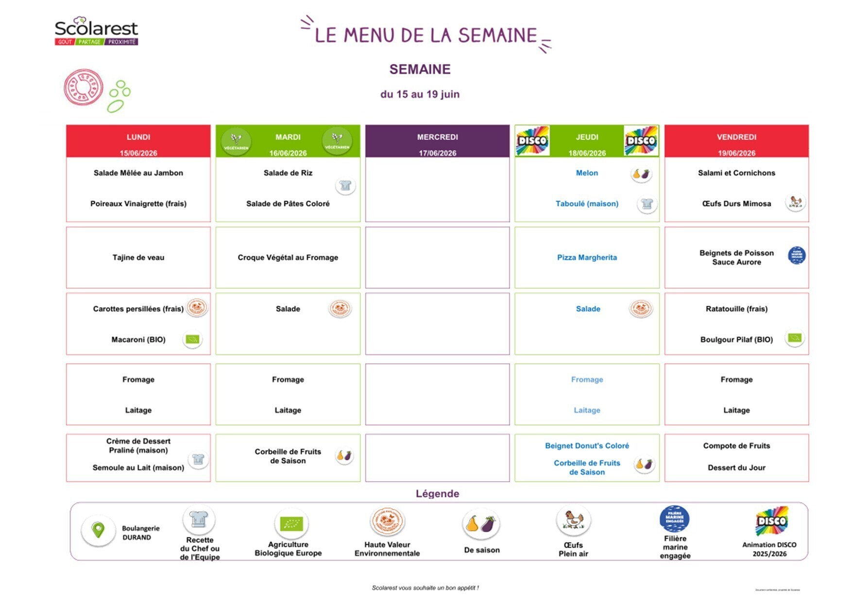 MENU DU 15 AU 19 JUIN 2026