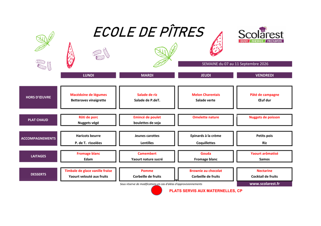MENU DU 7 AU 11 SEPTEMBRE 2026